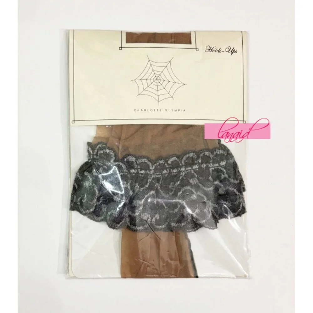 Charlotte Olympia Hold-Ups Back Seam Spider Web Grey Thigh-High Lace Stockings